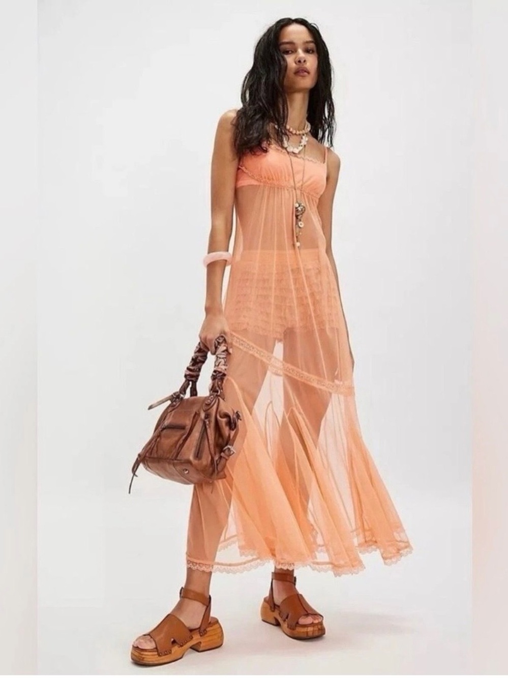 NWT intimately free people Madeline Peach Sheer Maxi slip dress size XS.feminine